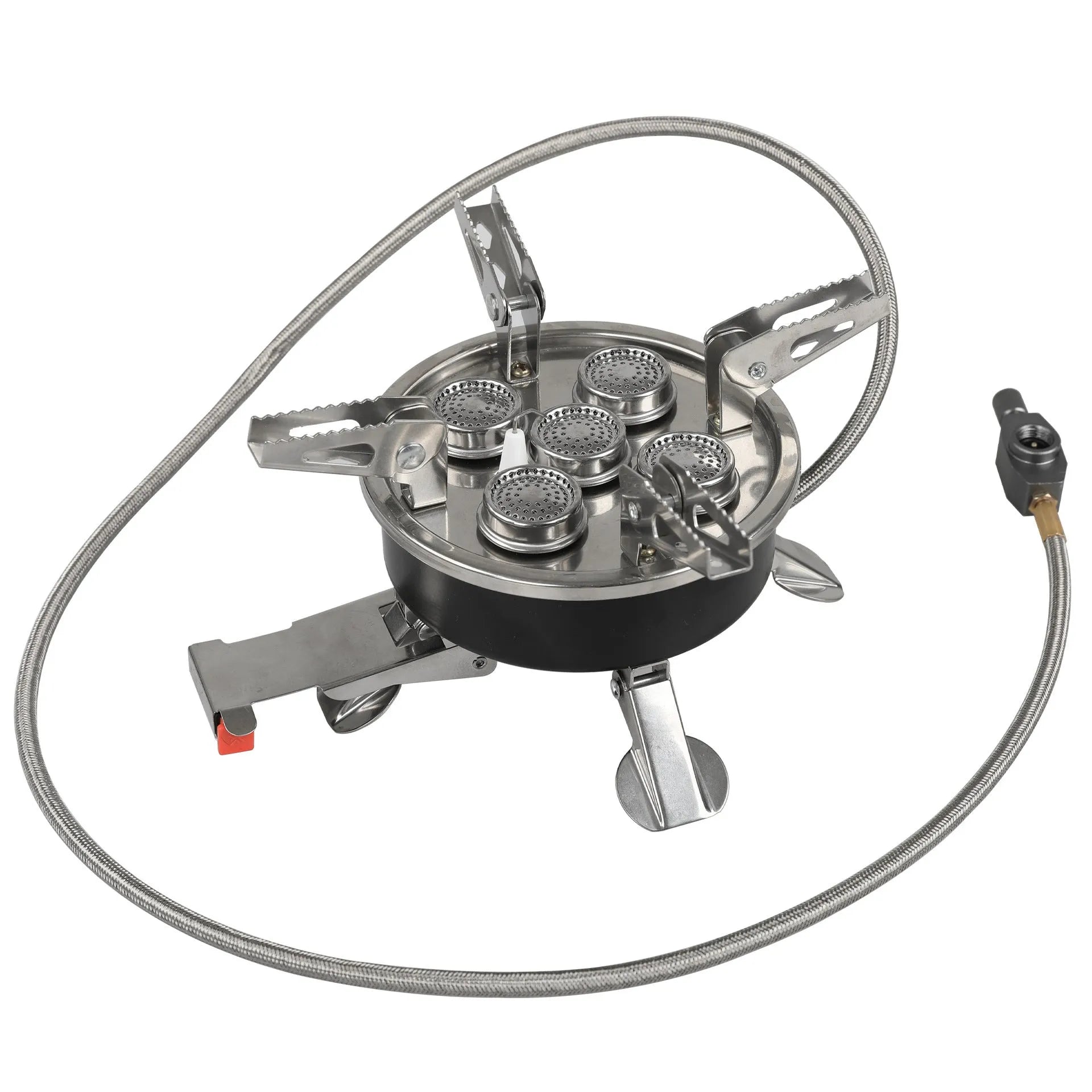 Silver foldable stainless steel and copper split camping stove with a long hose, shown closed for transport.
