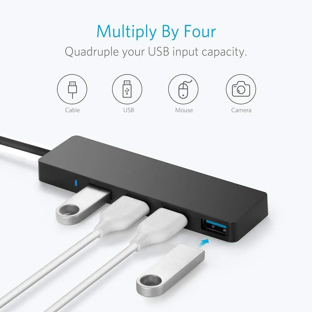 Black USB 3.0 hub with four ports, a 30cm cable, and LED indicator lights.