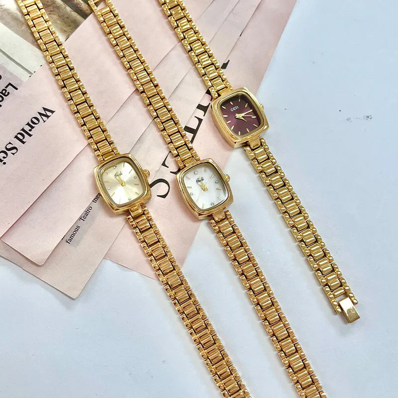 Small gold watch with 8mm alloy case gold strap and choice of gold white blue or dark brown face
