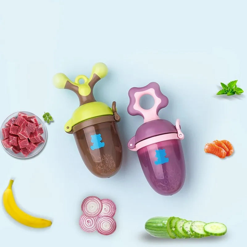 Green or purple baby bite trainer made from food-grade polypropylene with BPA-free silicone