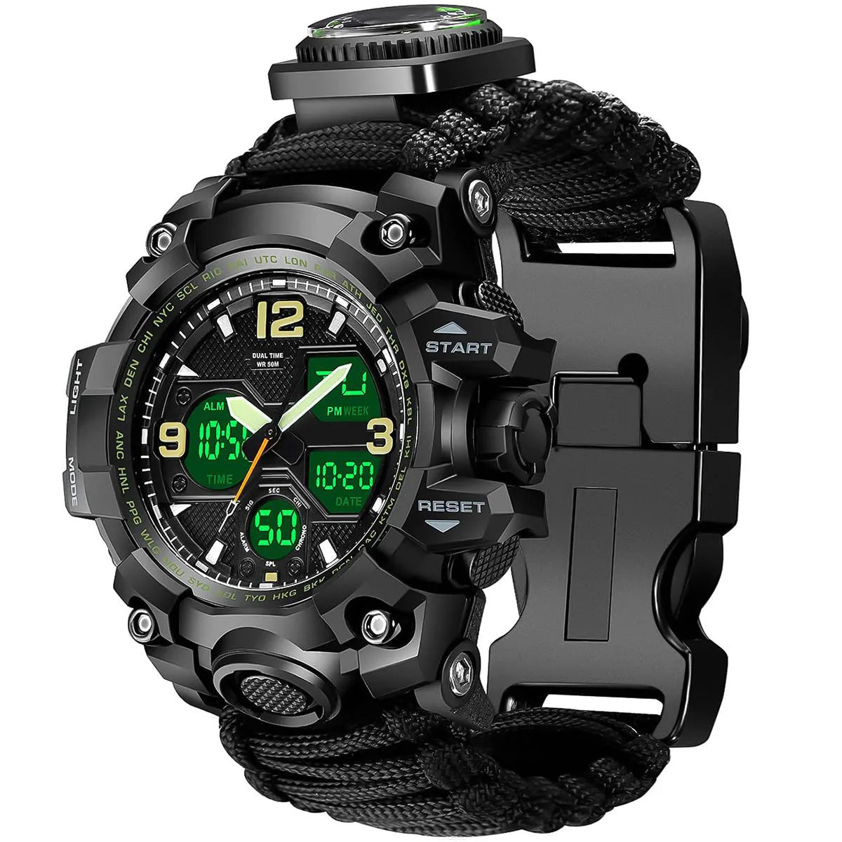 Waterproof dual display electronic tactical watch for men in black colour