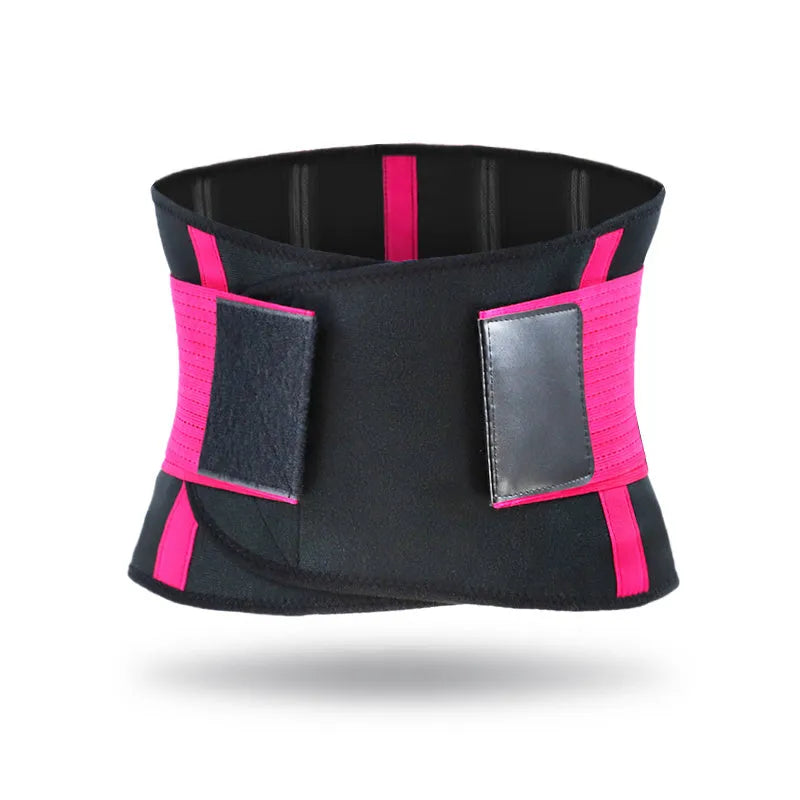 Neoprene sports waist belt with silicone anti-skid and adjustable hook and loop fastening, in Black, Blue, Deep pink, Orange, or Pink.