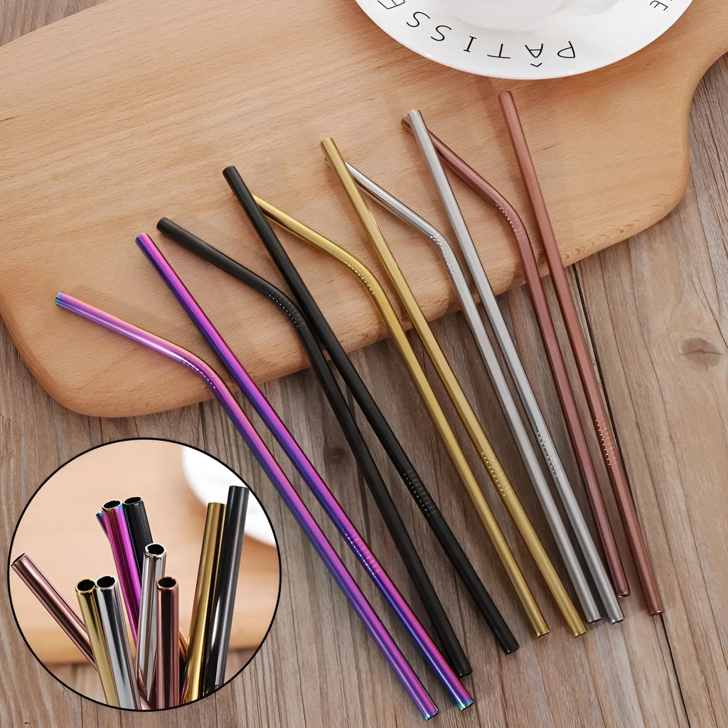 Set of four colourful reusable stainless steel straws and a cleaning brush in straight and bent styles.