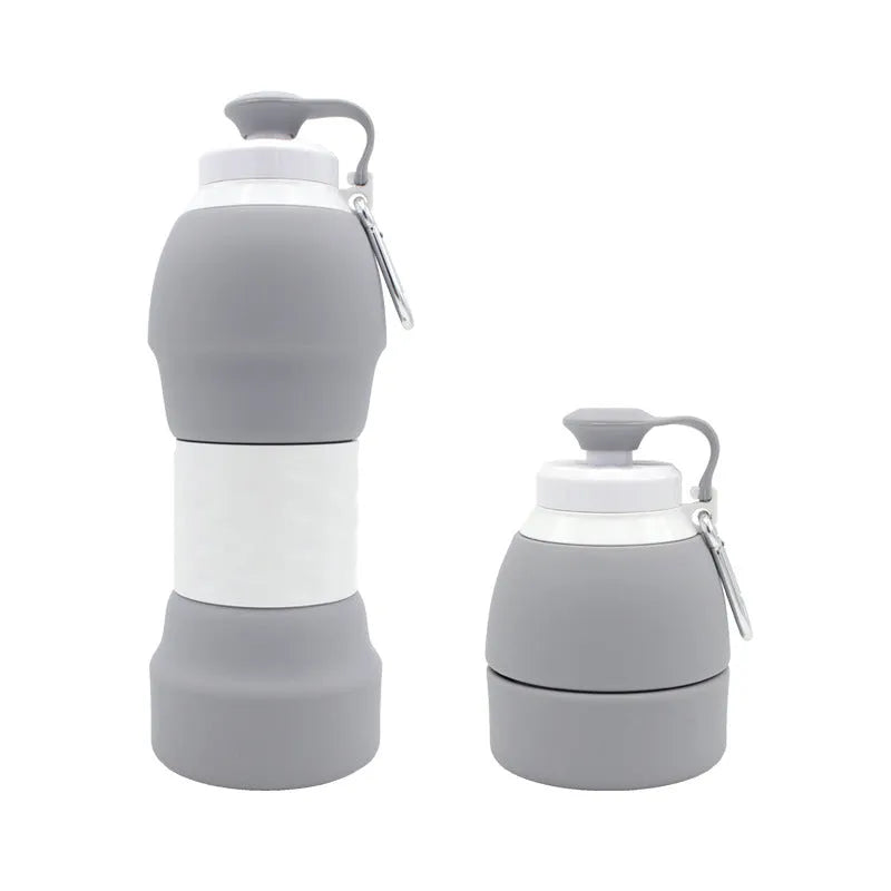 Blue silicone folding water bottle shown extended and collapsed, with 580ml capacity mark.