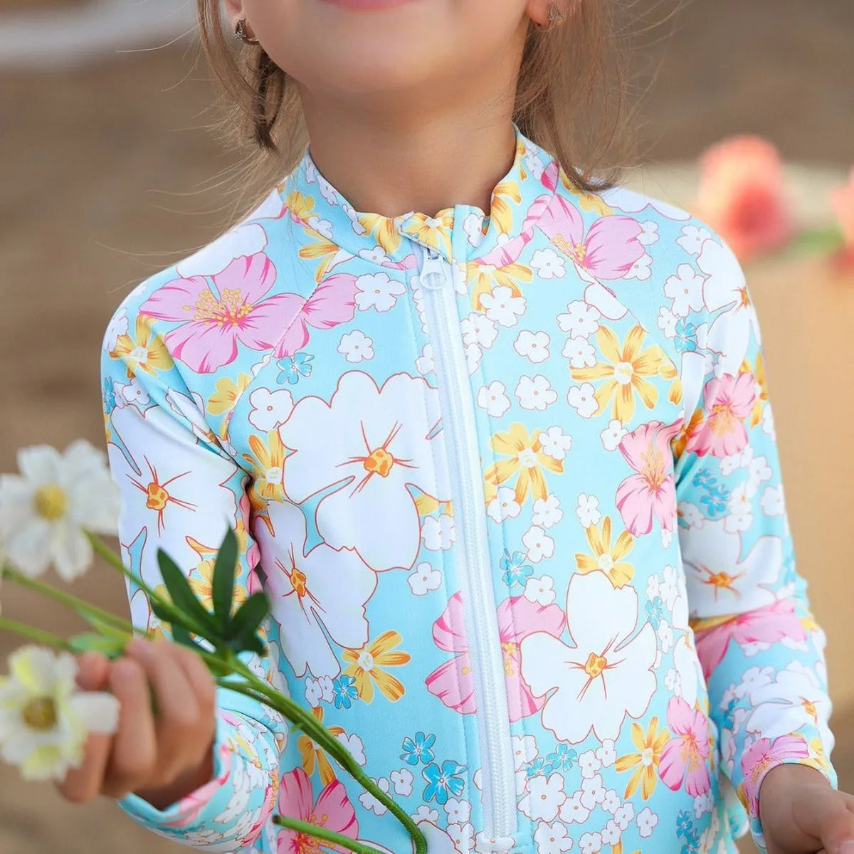 Girls' sky blue one-piece swimsuit with long sleeves and floral print, nylon fabric, sizes 100-140