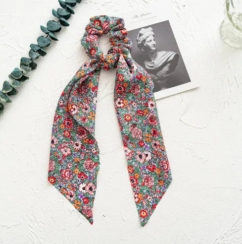 Spring dark green floral cloth large intestine ring hair tie for women's ponytails
