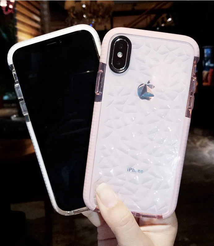 Simple striped TPU back cover phone case for iPhone, shown in black, pink and white edge colour options.