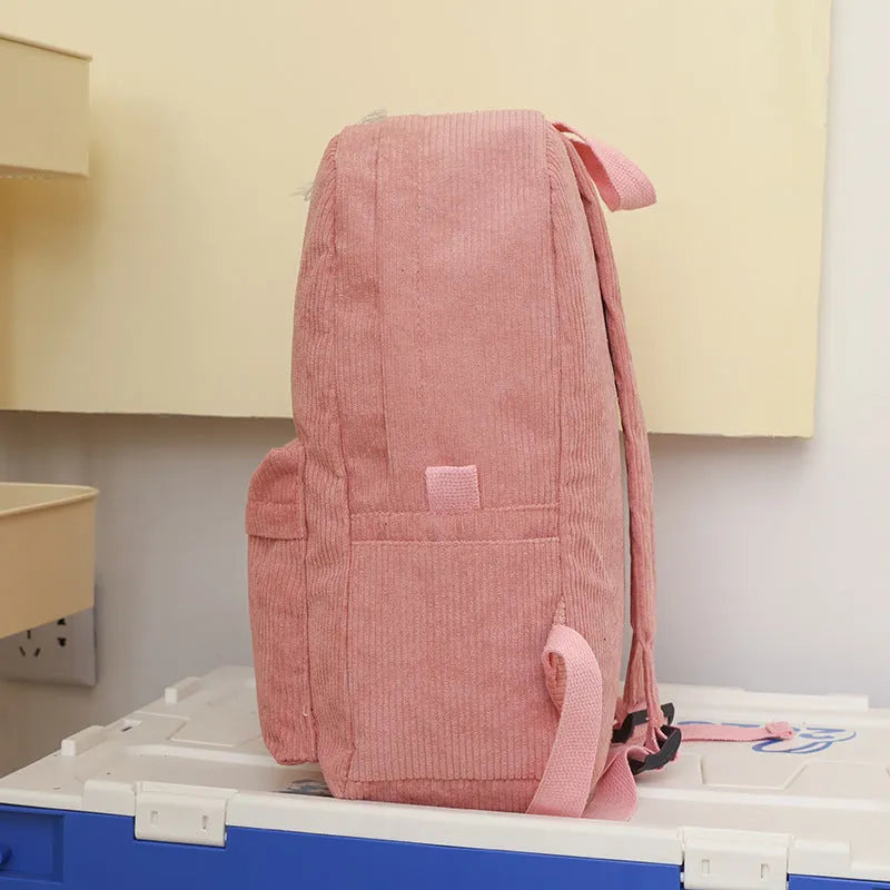 Solid colour corduroy backpack for women in six colours with three-dimensional outer pocket, free size