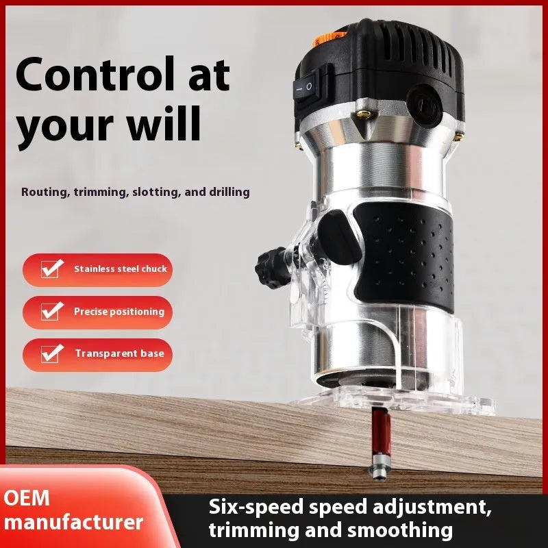 800W 6-speed electric woodworking trimmer router with 6.35mm collet, 15 milling cutters, straight knife, aluminium body, gear paper box