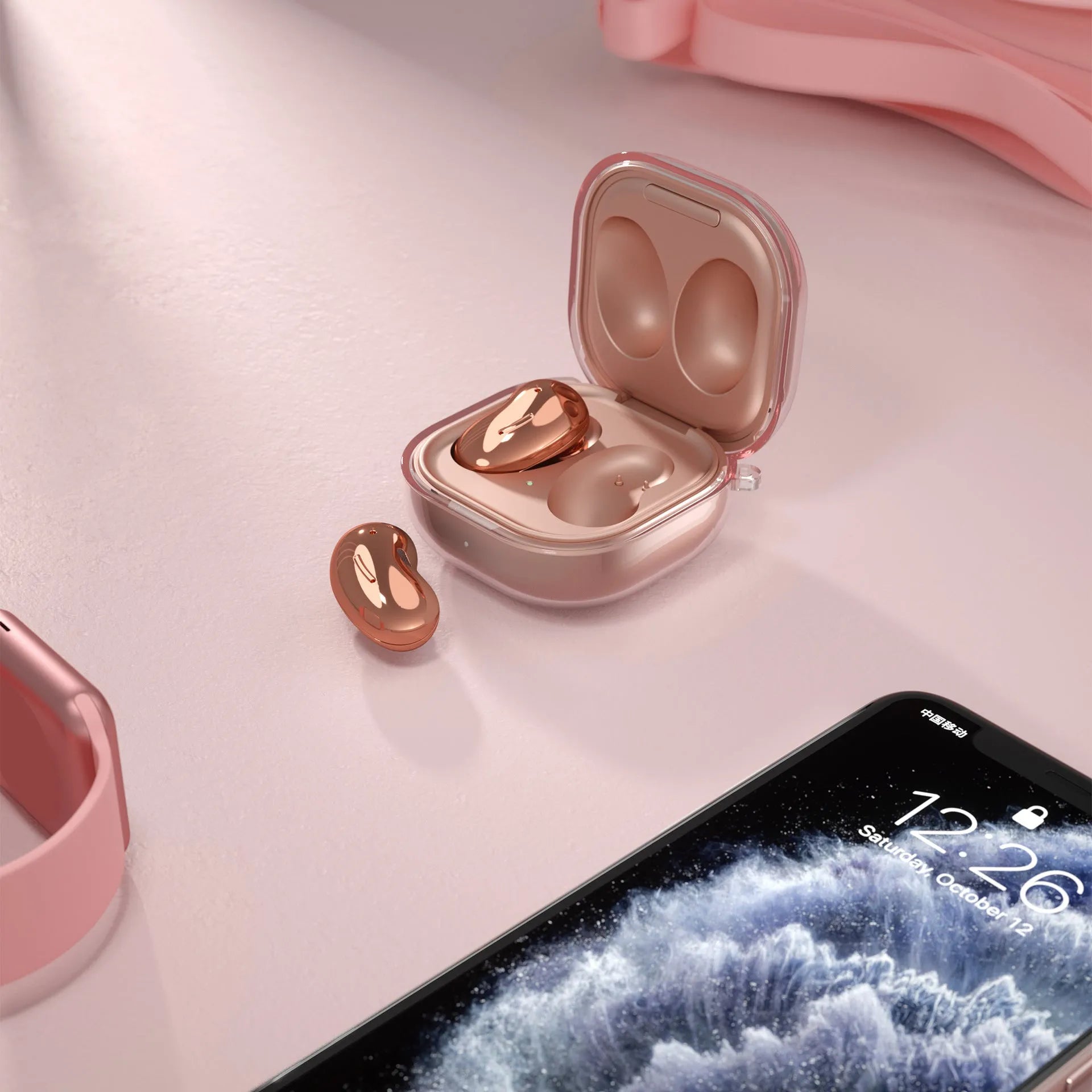 Bluetooth transparent ear case showing four colour variations: clear, gold, black, and purple