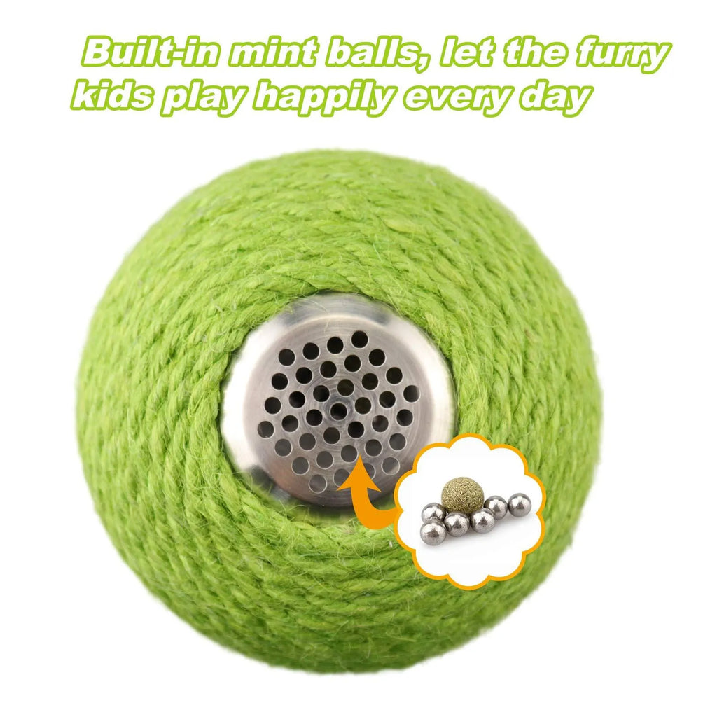 Green cactus-shaped cat scratcher with sisal post, catnip toys, and a tumbler ball on a stable base