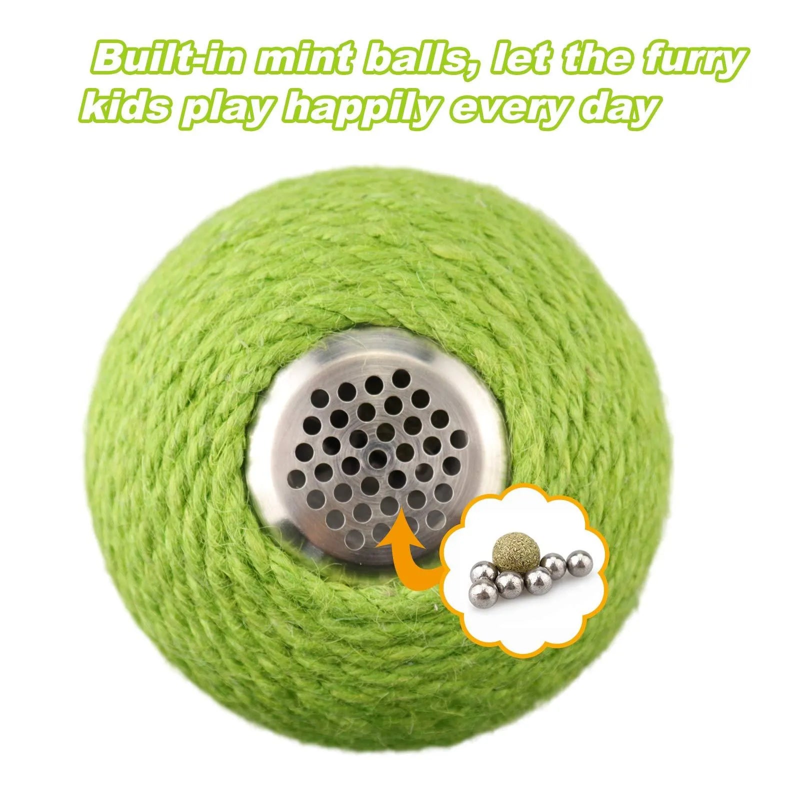 Green cactus-shaped cat scratcher with sisal post, catnip toys, and a tumbler ball on a stable base