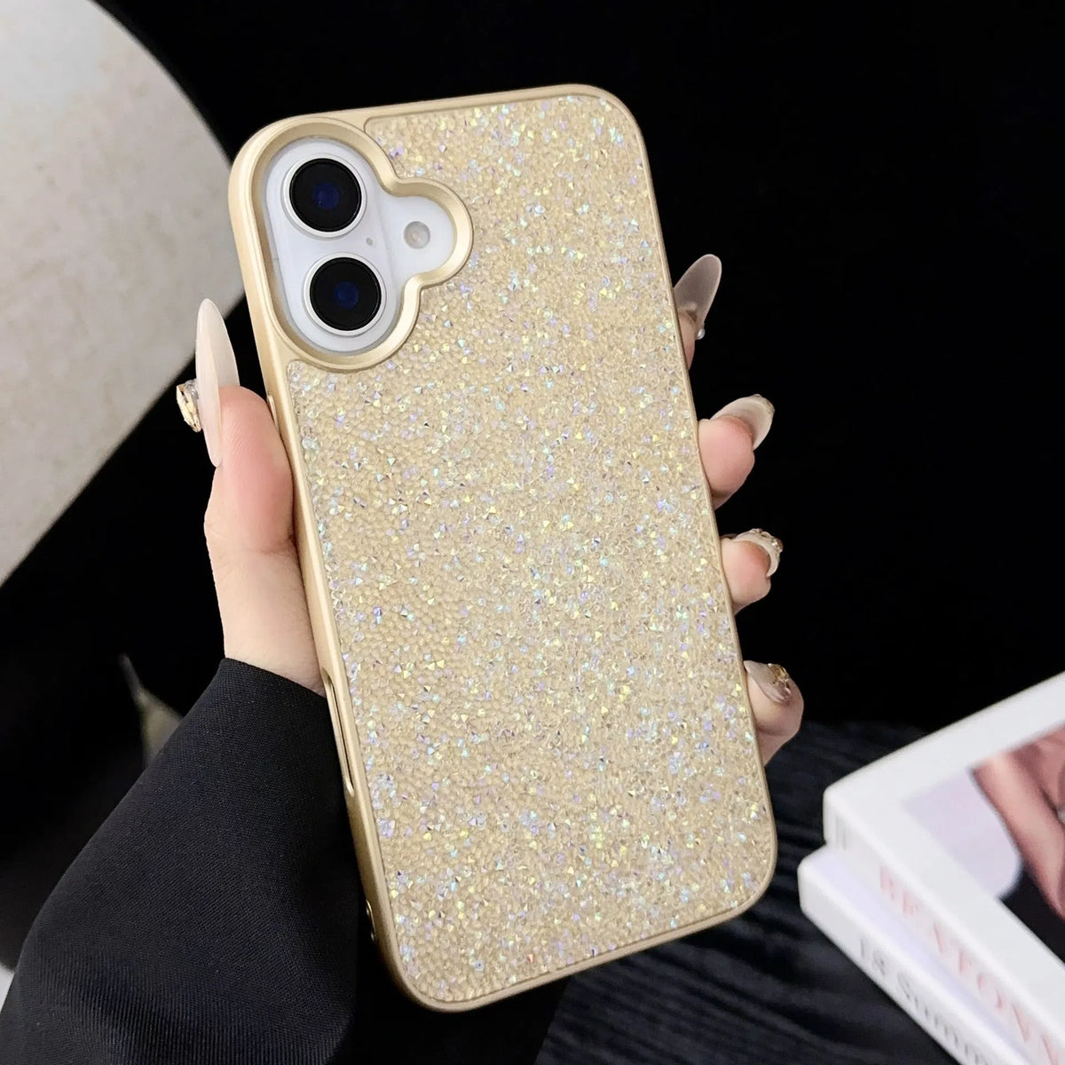 Luxury full diamond handmade phone case for iPhone 17 series in black, pink, light purple, gold, gray or white.