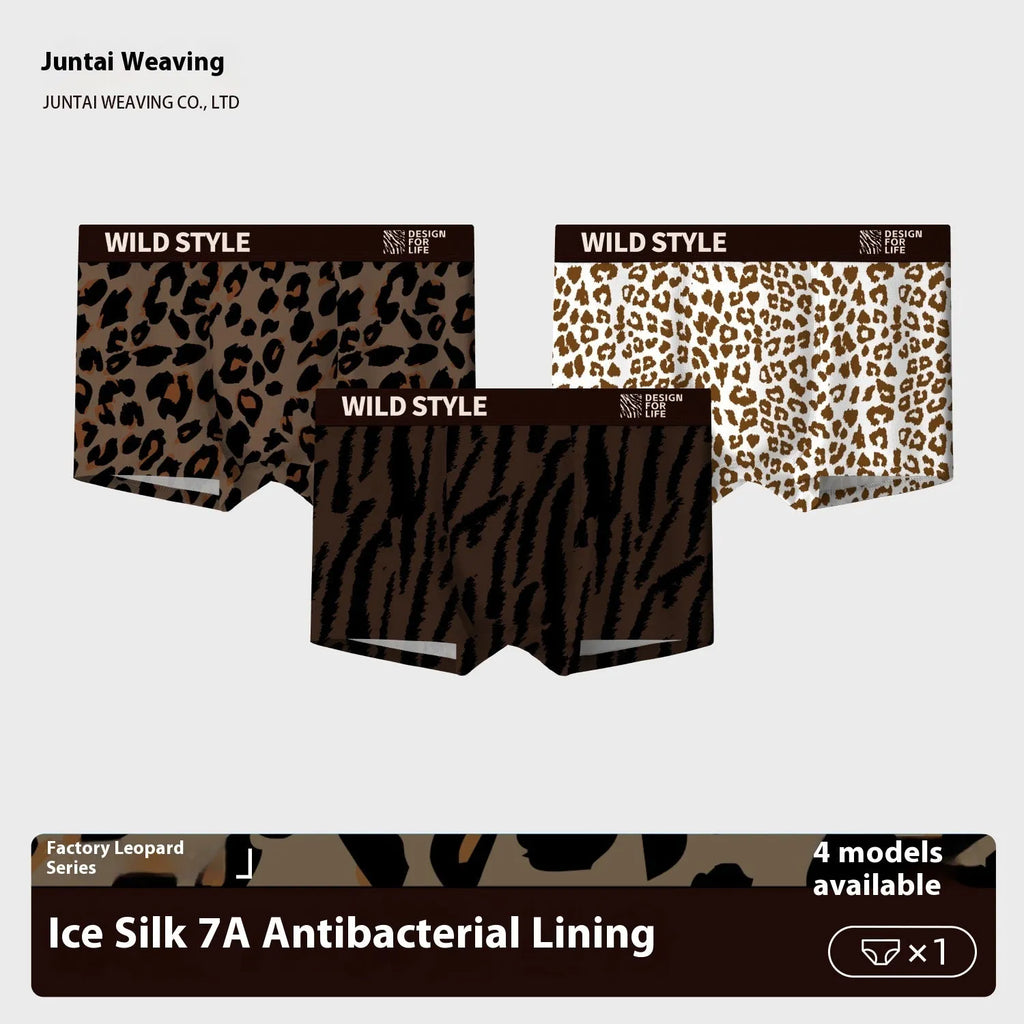 Men's leopard print polyester ice silk underwear pants in mid-waist design
