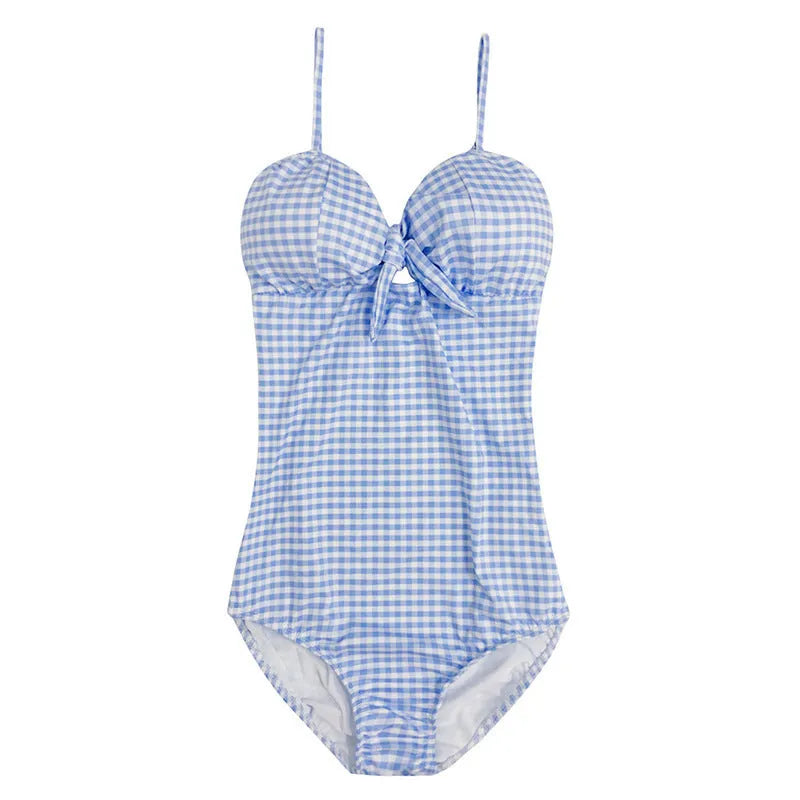 Blue and white plaid one-piece swimsuit for women in nylon fabric
