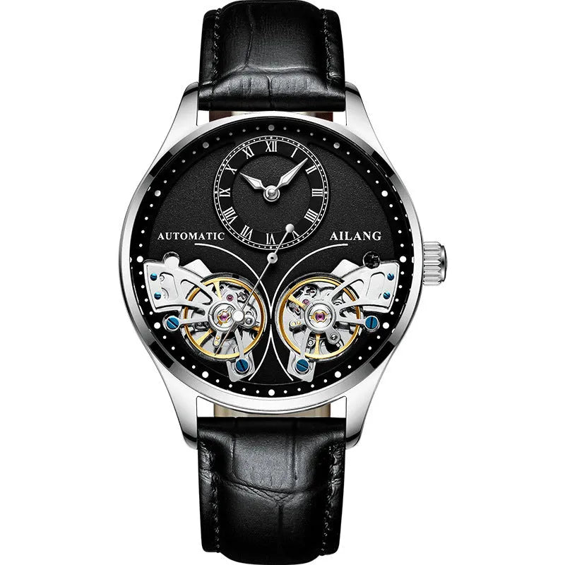 Men's automatic watch with tourbillon and moon phase on a metal case with a black dial.