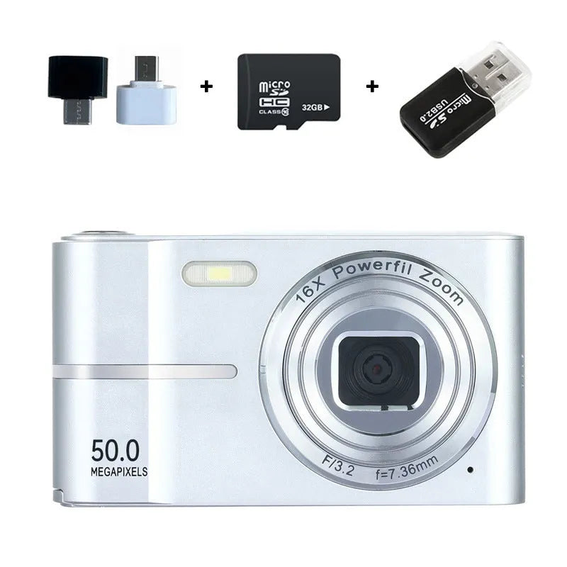 Student mini digital camera in black, green, pink, or white showing compact 90mm design with manual controls