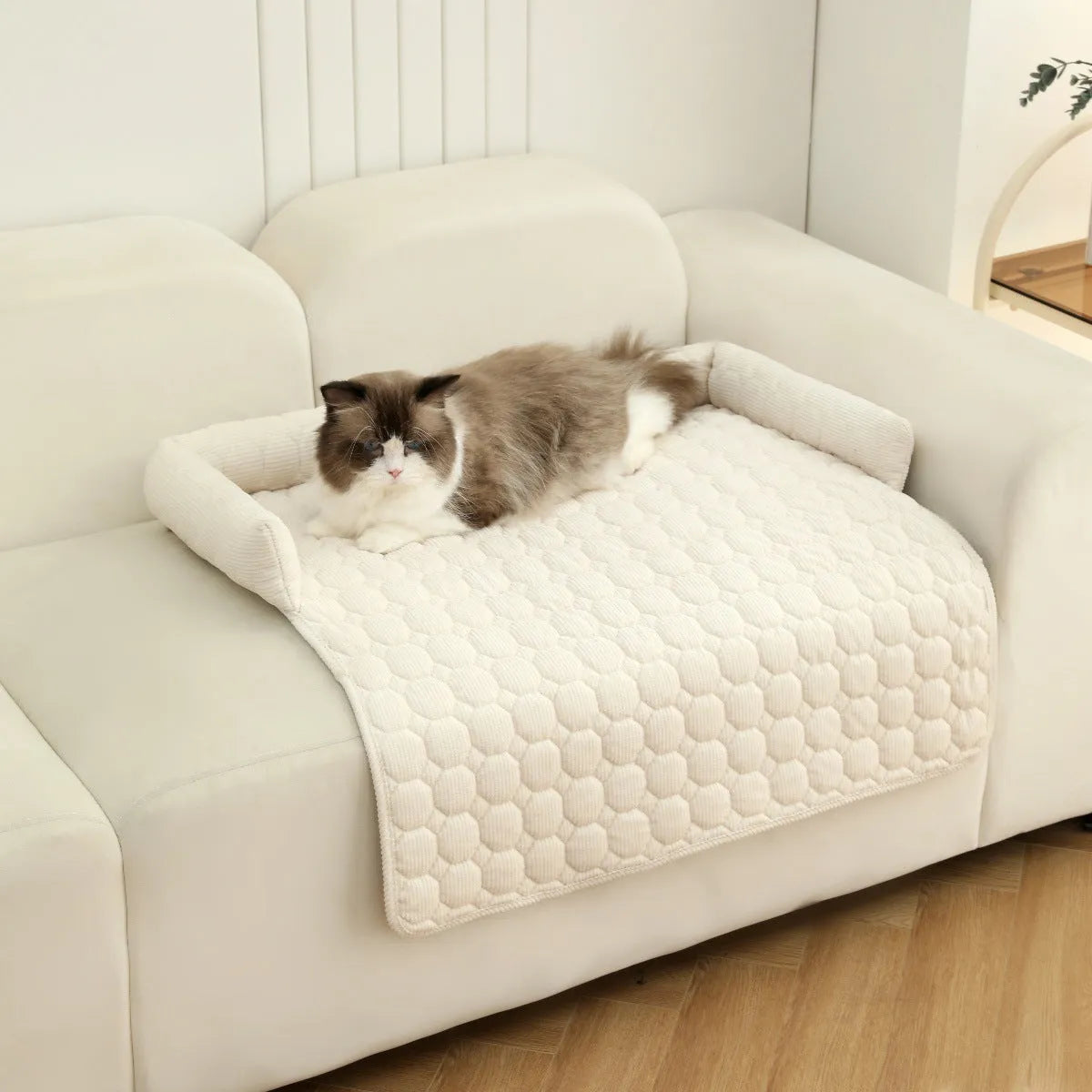 Corduroy pet bed mat with neck pillow, 75cm x 75cm, 900g, in Beige or grey for dogs and cats