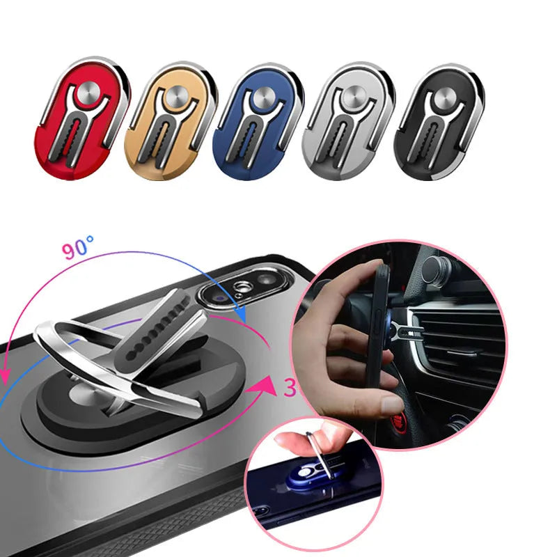 Black universal car phone mount with 360-degree rotation shown on a car dashboard.