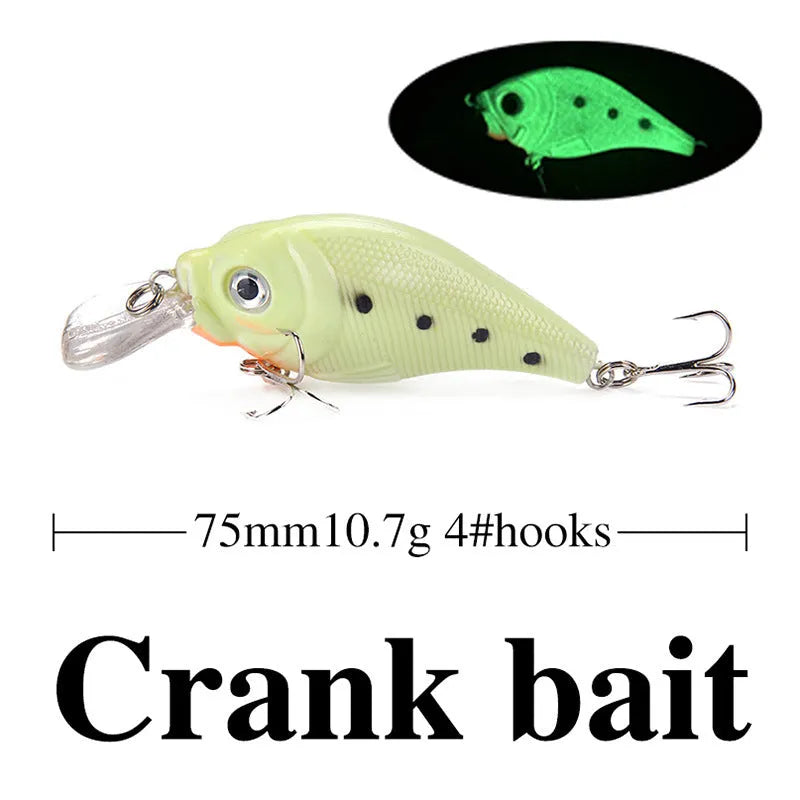 Set of five 3D fluorescent hard bait fishing lures with luminous glow design.