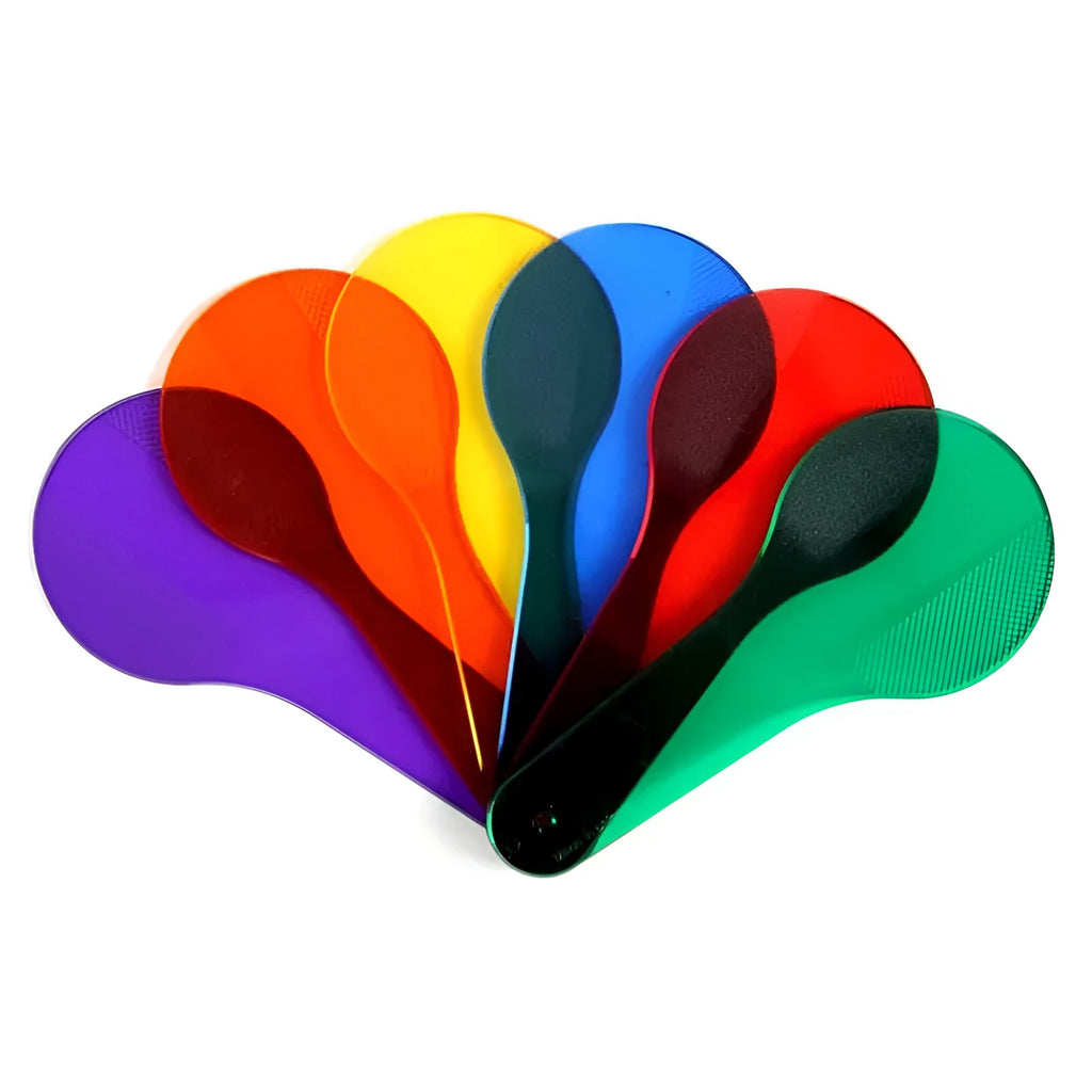 Six PVC colouring learning boards for kids in red, yellow, blue, green, orange, and purple.