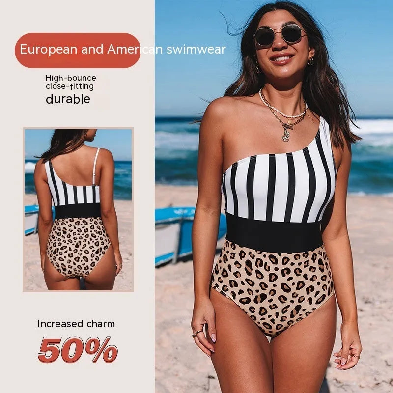 Women's leopard print one-piece swimsuit with asymmetric collar and high-waisted triangle design