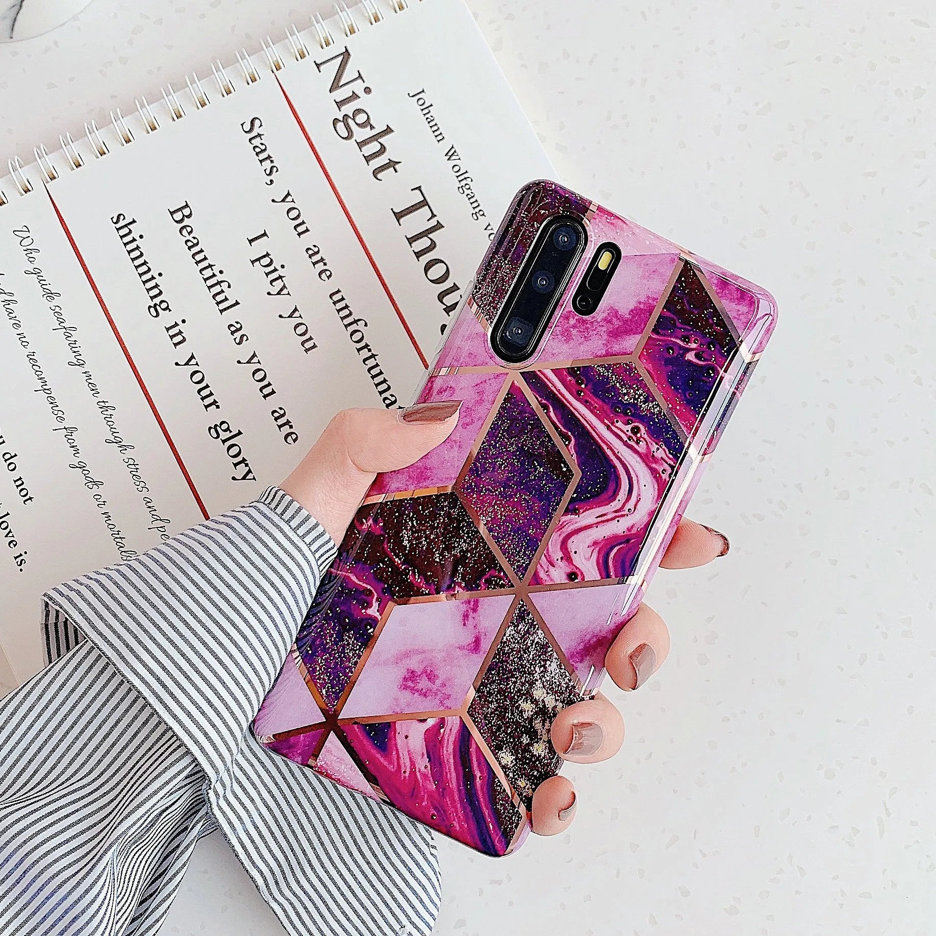 Electroplated marble design TPU mobile phone case for Huawei and Samsung phones in multiple colours.