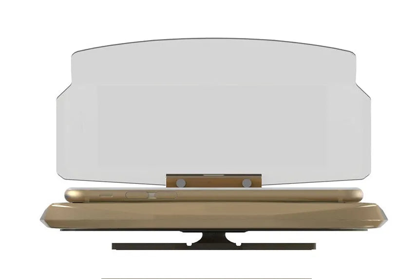 Black car HUD navigation bracket with reflective film and 3M adhesive feet on a dashboard