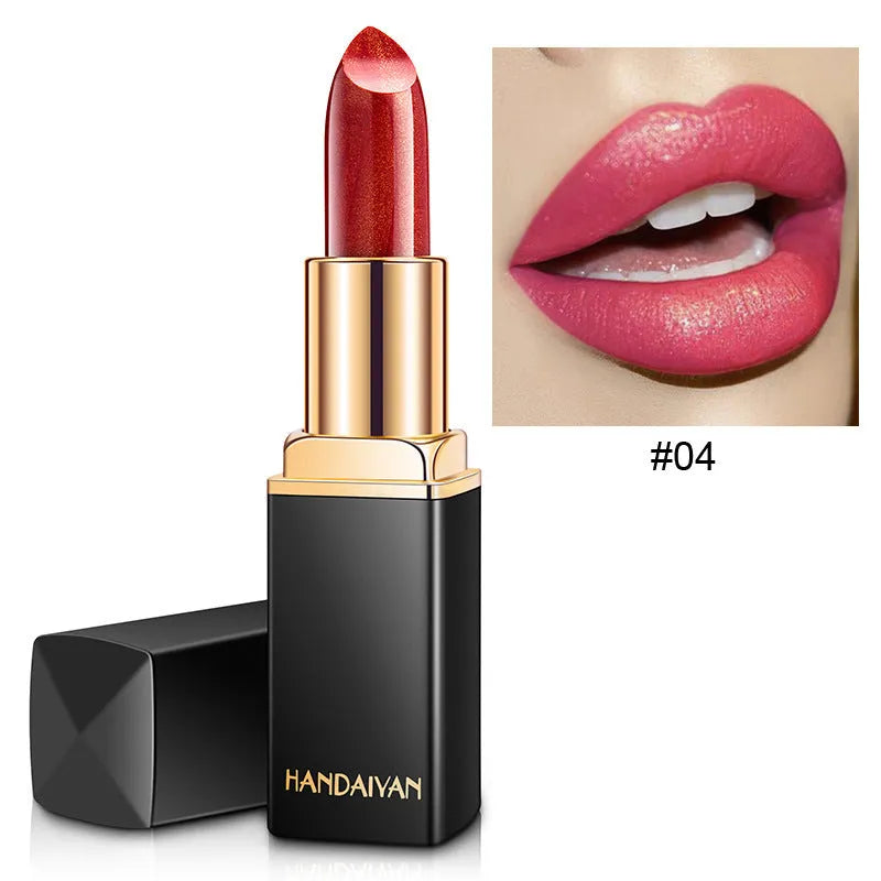 Pearlescent thermochromic lipstick in a standard bullet format with colour-shifting finish, available in nine shades