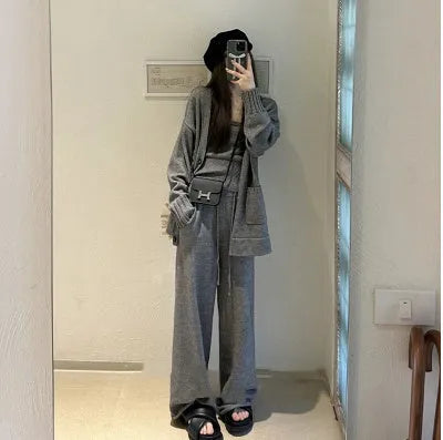 Women's knit cardigan vest and suspender trousers three-piece set in solid colour wool blend fabric