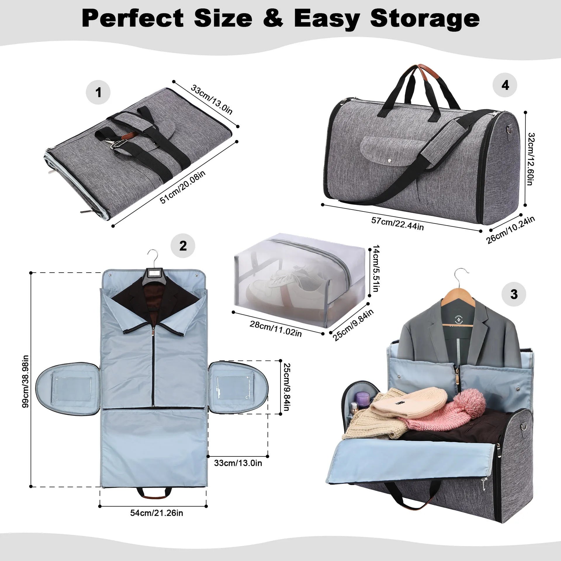 Dark blue Oxford cloth duffel bag with side handle and adjustable shoulder strap.