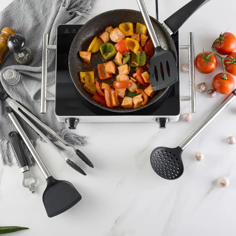 Black silicone and stainless steel kitchen spatula and spoon set with 16 pieces