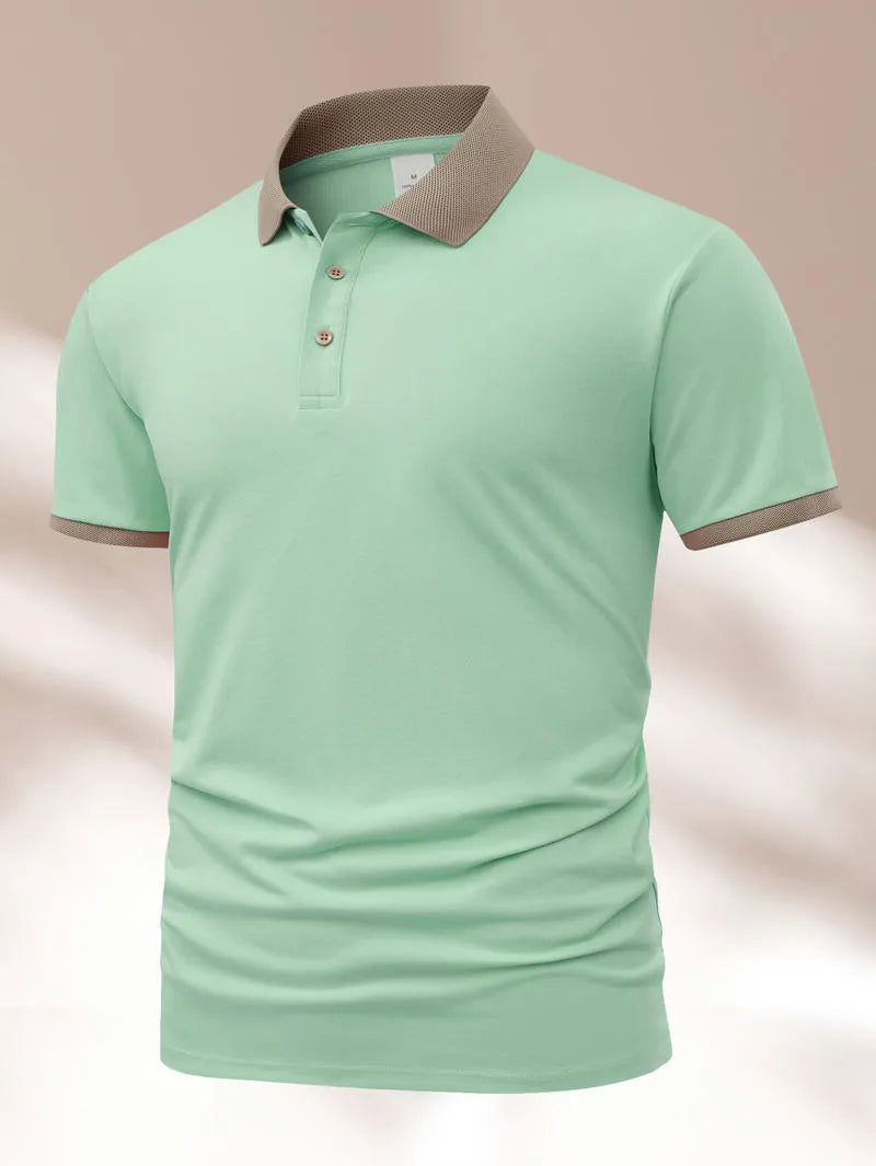 Ice silk summer polo shirt with short sleeves, a lapel collar, and a printed flocking design on the front.