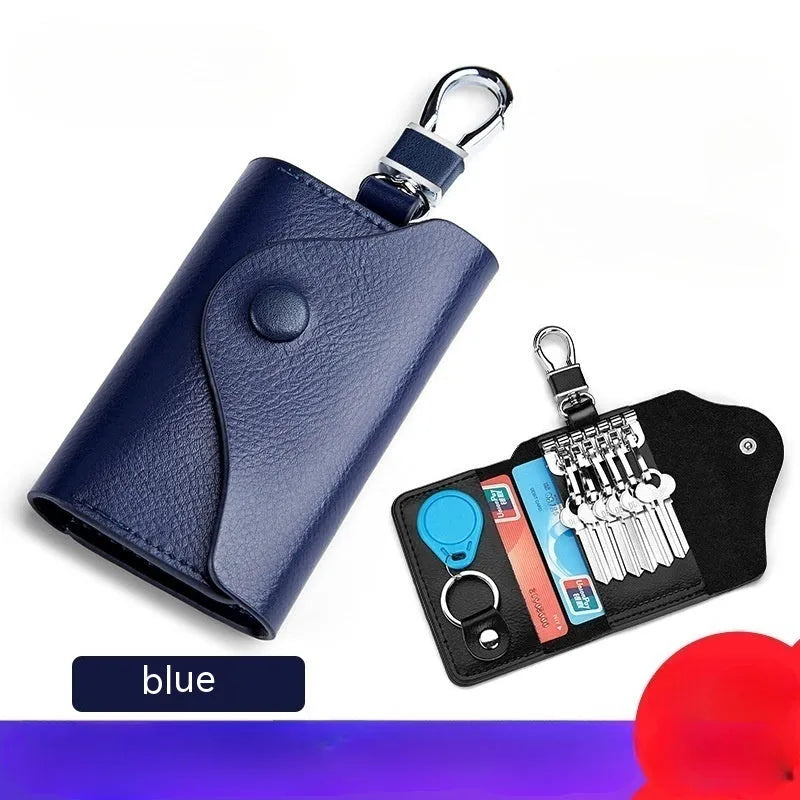 Men's black genuine leather square keychain card holder with key ring and card slot.