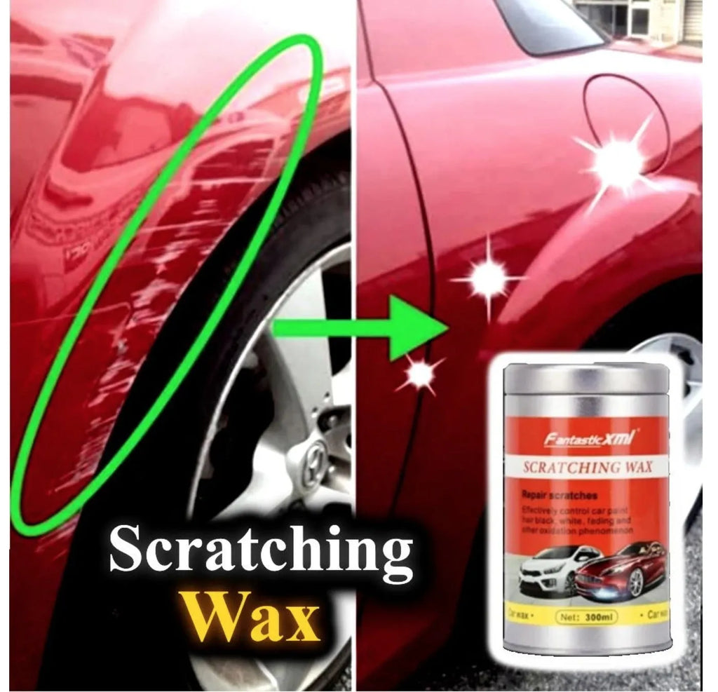 Car scratch repair polishing wax with distribution towel and magic sponge on a car bonnet surface