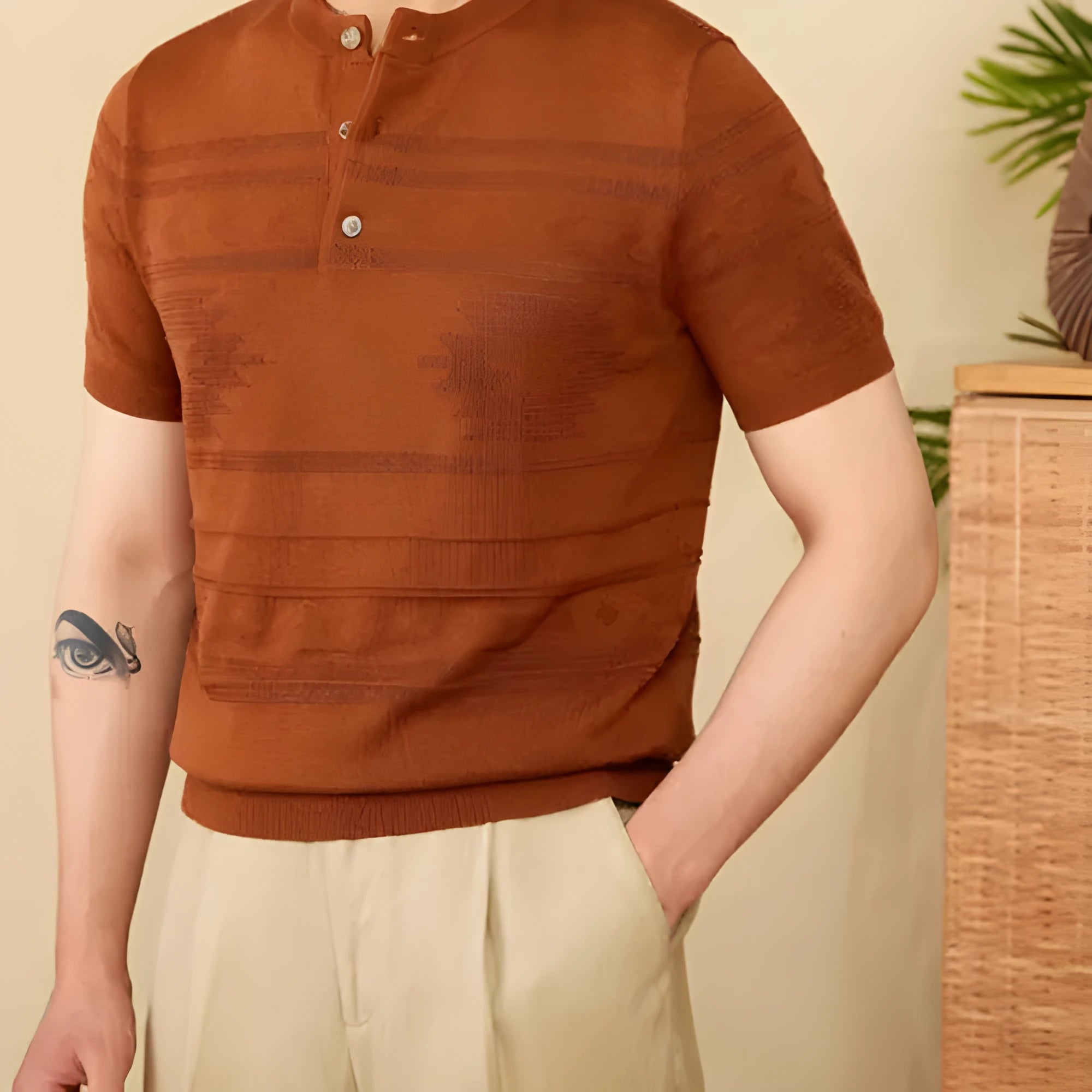 Knitted Henley shirt in denim blue, American retro slim-fit short sleeve, cotton Lyocell blend, front view