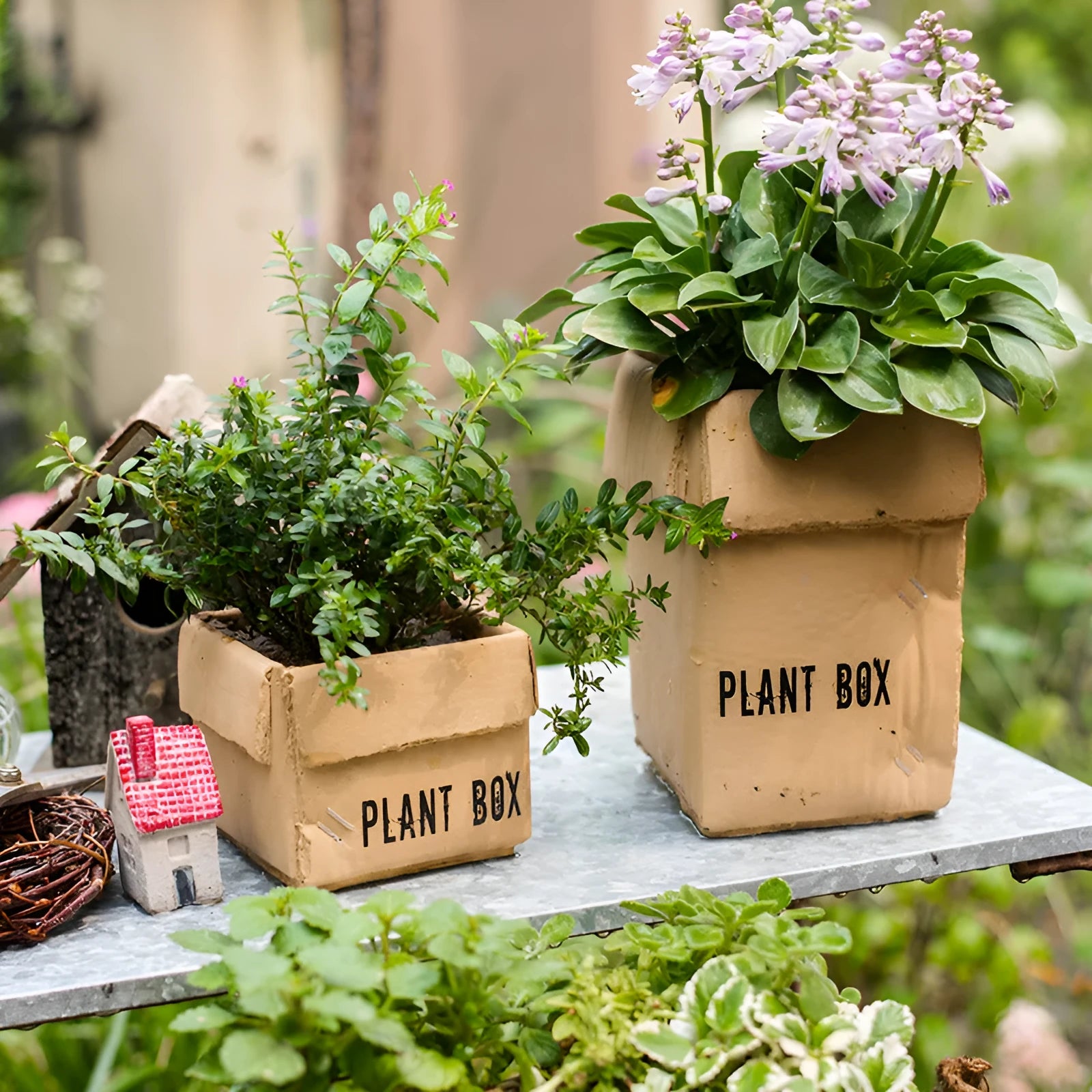 Cement flowerpot with bottom drainage holes in Nordic brown paper box design