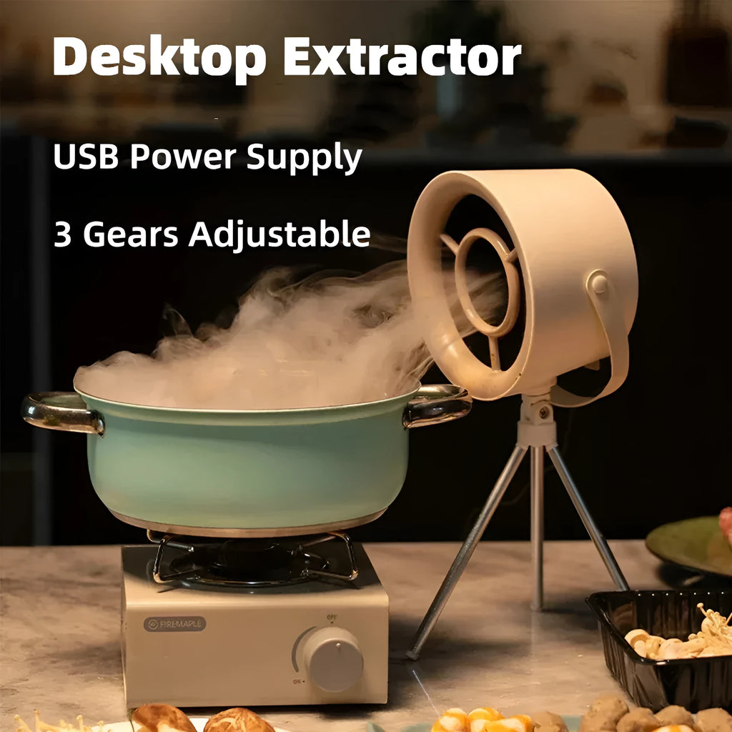 Milky white portable desktop kitchen exhaust fan with USB cable and three-speed controls
