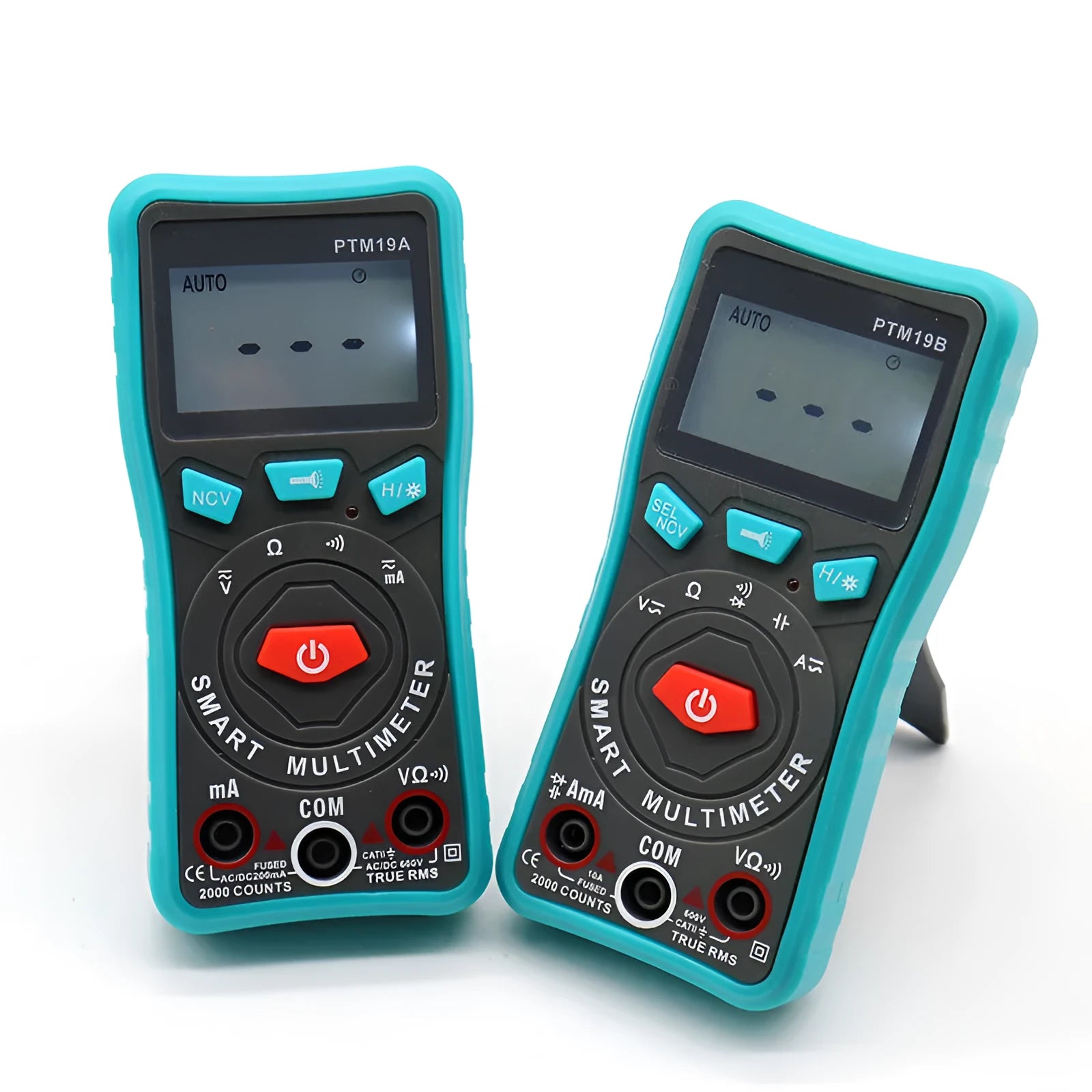 Green automatic digital universal meter with LED display, backlight, and a rear support bracket.