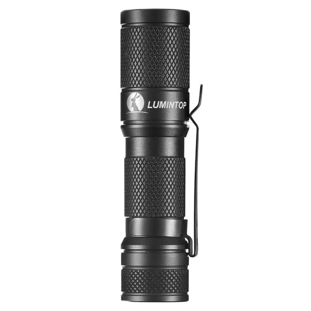 Black Lumintop Tool AA 2.0 compact aluminium flashlight with keychain and magnetic tail cap.
