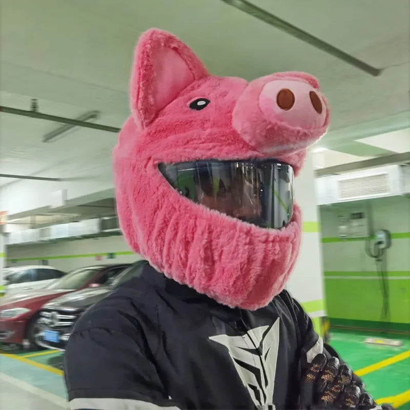 Pink pig cartoon plush hood for motorcycle helmet made from pv velvet cloth