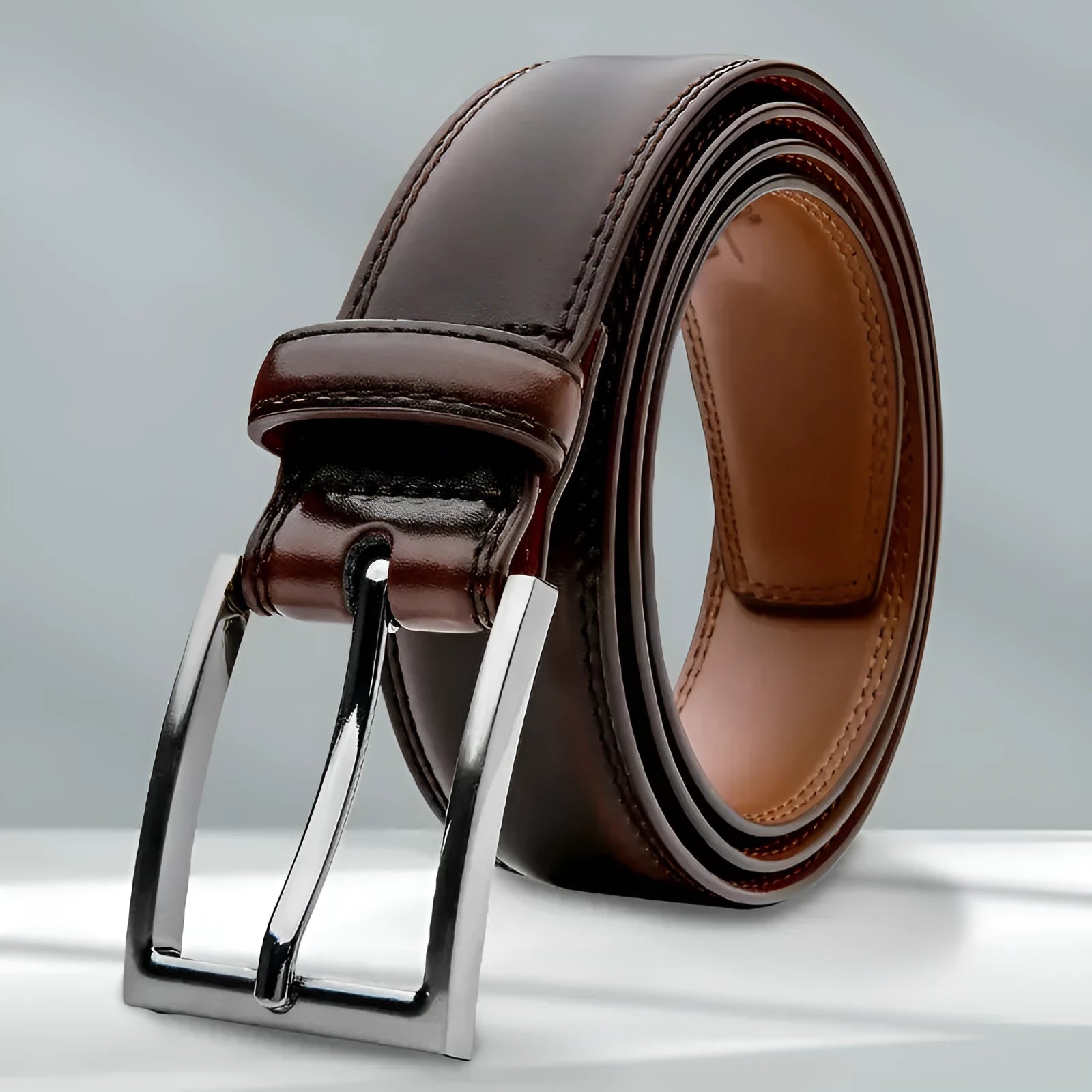 Men's brown genuine leather belt with wild 95 pattern and silver alloy buckle laid flat.