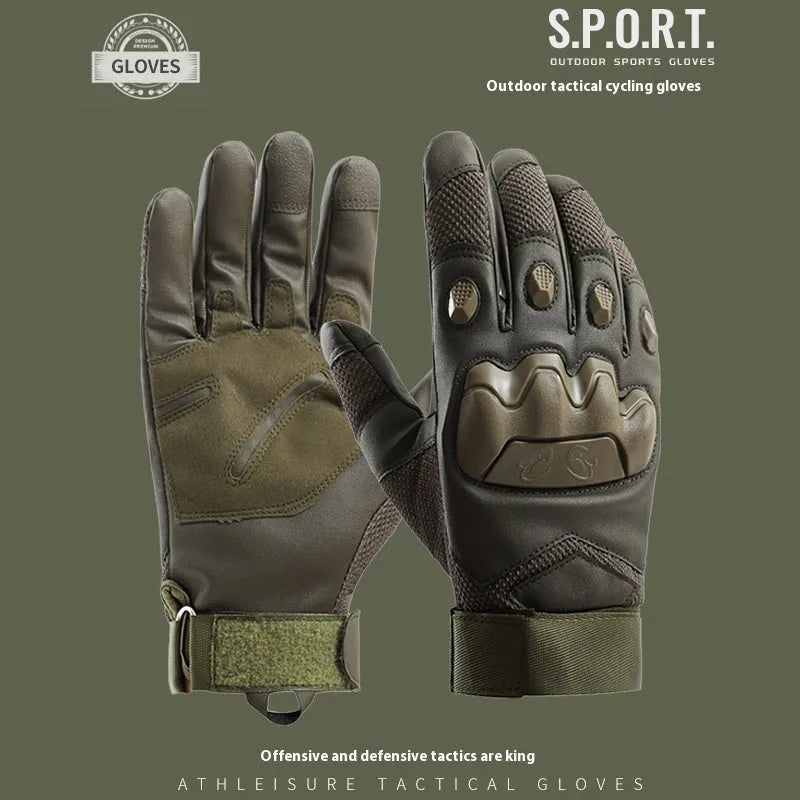 Men's black full finger tactical gloves with touch screen fingertips on a hand.