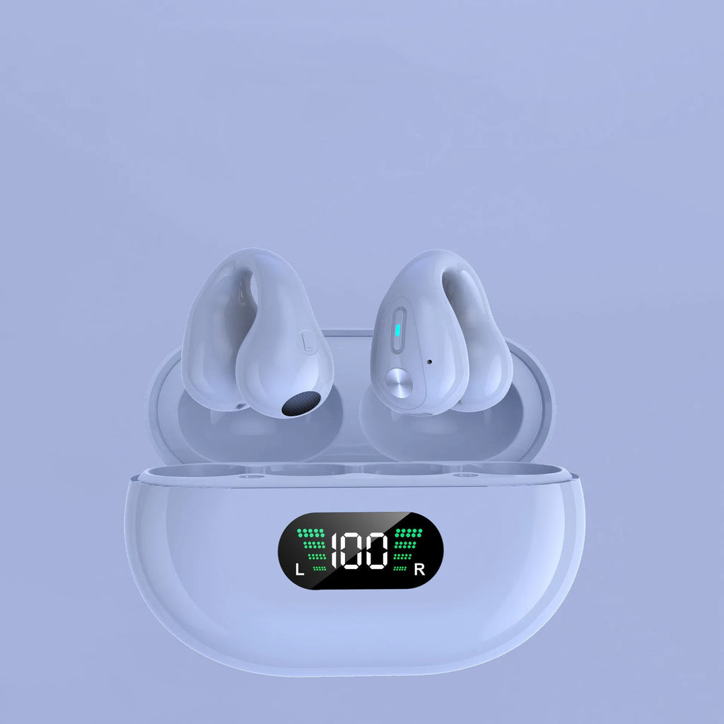 Wireless in-ear Bluetooth 5.3 headset with ear clip design in black, white, and khaki on charging case