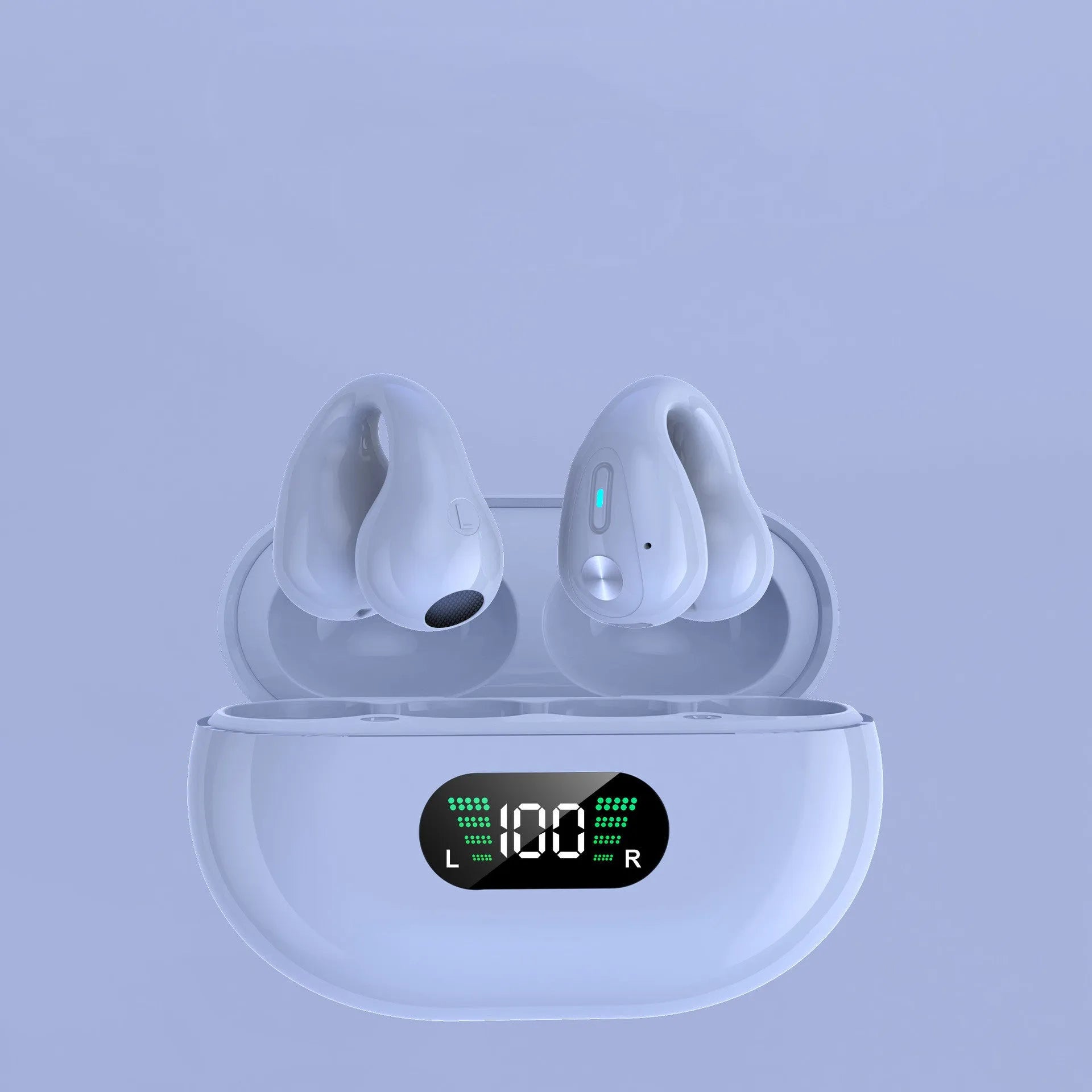 Wireless in-ear Bluetooth 5.3 headset with ear clip design in black, white, and khaki on charging case
