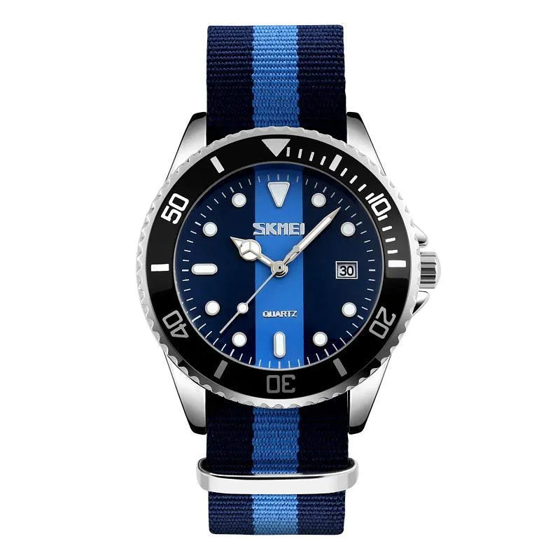 Skmei men's quartz watch with nylon strap, 41mm alloy case, round dial, 30m water resistance