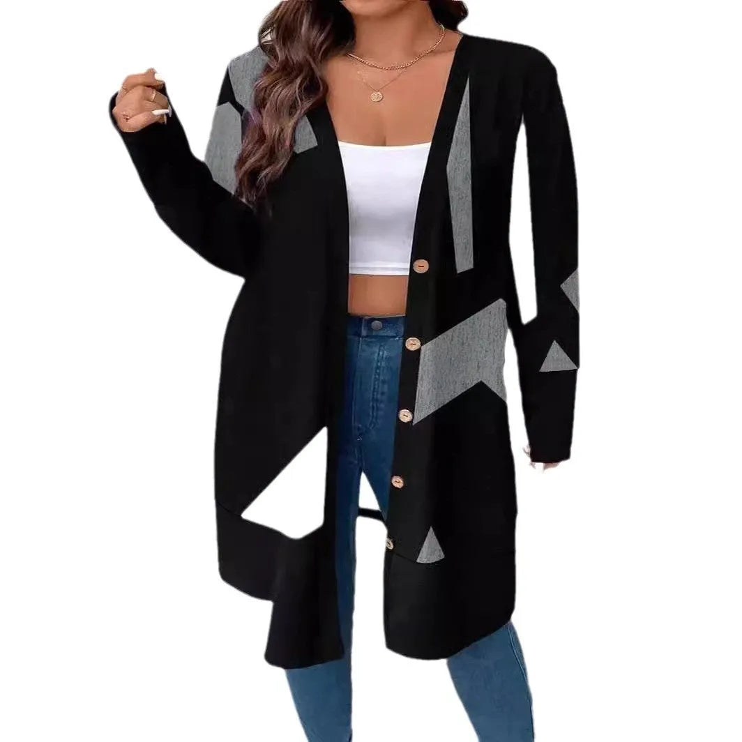 Black loose fit plus size cardigan coat with button stitching print detail