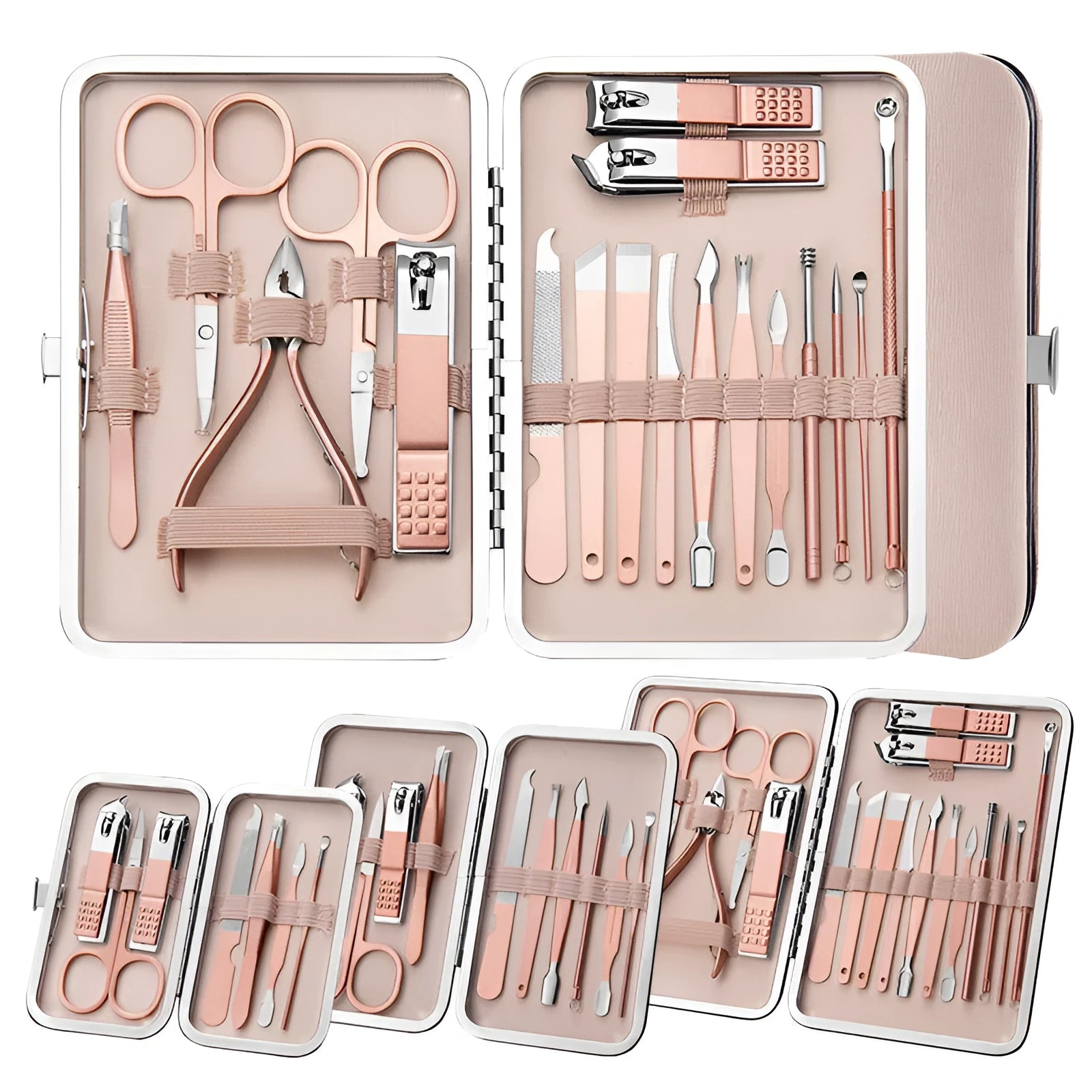 Professional stainless steel manicure and pedicure tool set in black leather case with nail clippers, cuticle pliers, and cuticle knife
