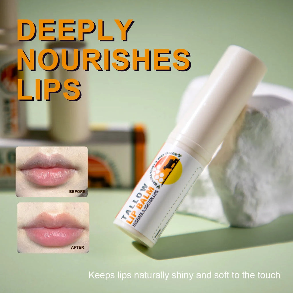 Silver metal tube tallow lip balm, 83mm long, shown with cap off.