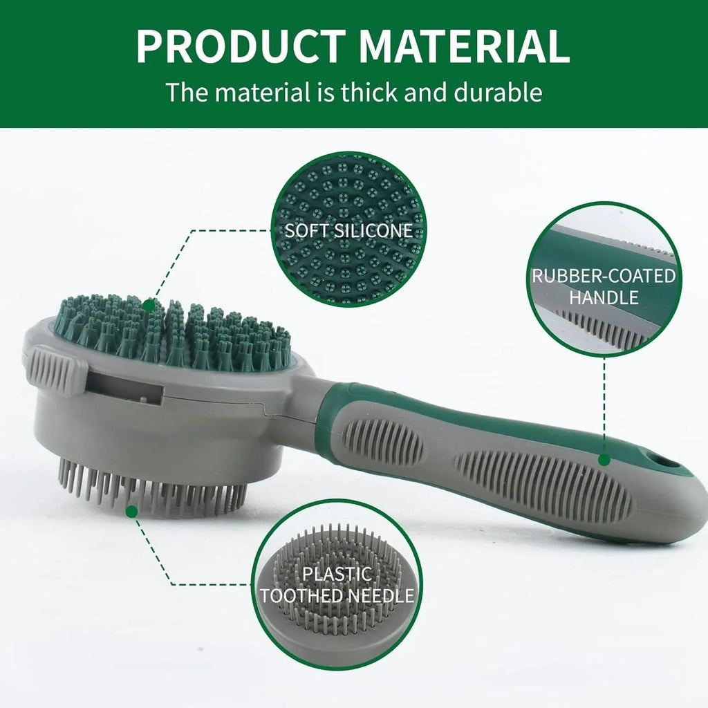 Green and pink two-sided pet grooming brush with retractable slicker and silicone massager